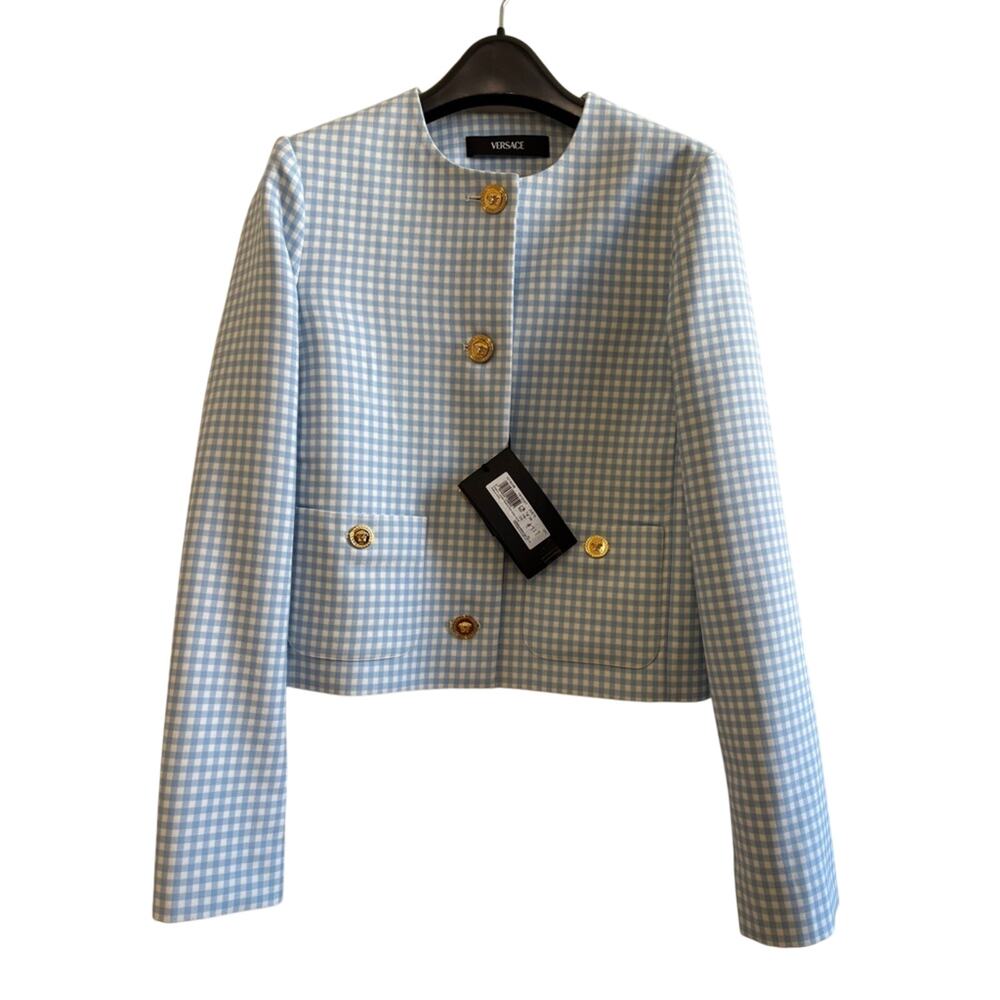 Versace Medusa Blue and White Checkered Wool Jacket IT 38